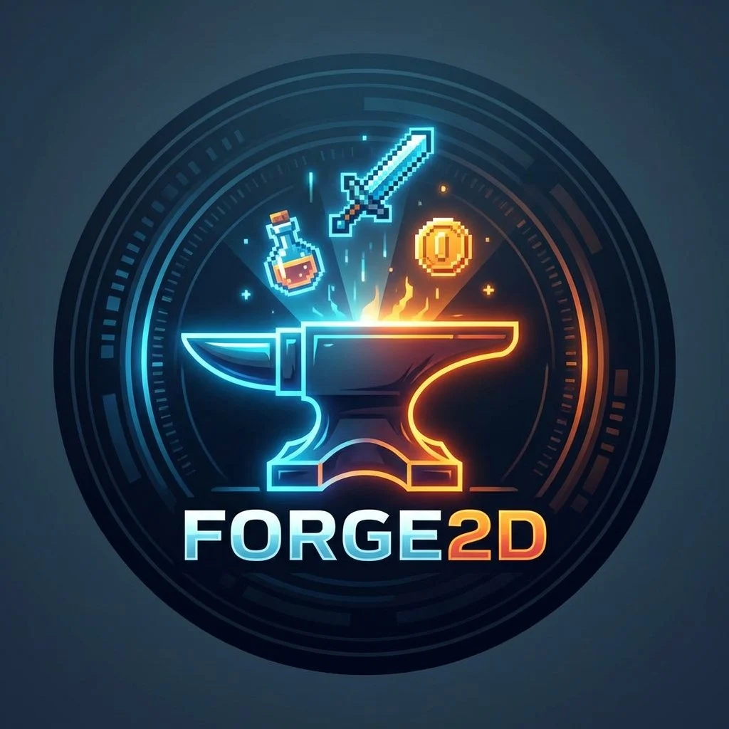 Forge2D’s official artwork with an anvil, pixel sword, potion and coin.