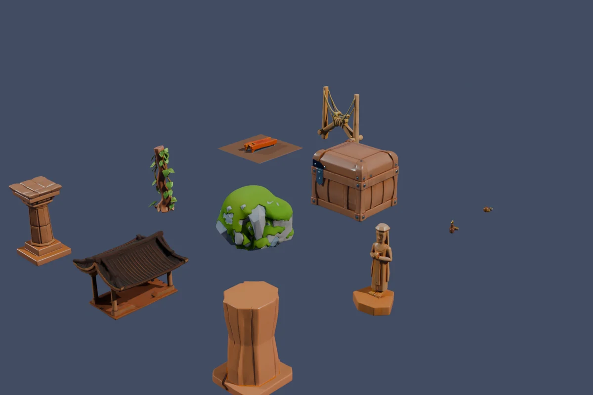A neutral render of the ten actual Jungle Ruins models, including a stone pillar, archway, mossy rock, statue, treasure chest and rope-bridge segment.