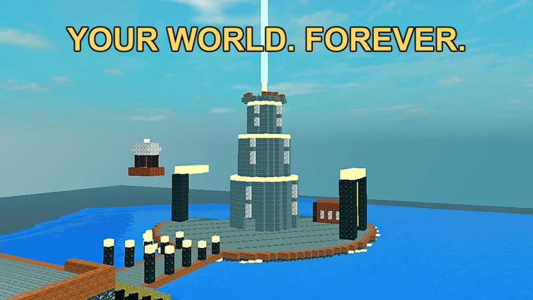Mineholm promotional artwork showing a block-built island and tower.